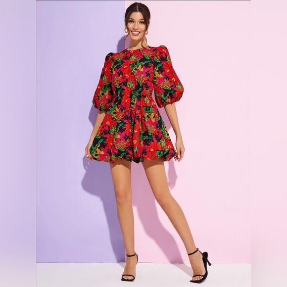 Lantern Sleeve Tropical Print Dress - Picture 3 of 6